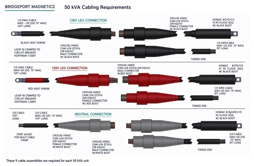 Bridgeport Magnetics 50 kVA cabling requirements diagram showing nine cable assemblies: black and red 120V Cam-Lok leads and a gray neutral with 1/0 AWG and 3/0 cable, Homac flood-seal lugs, and breaker loop terminations.