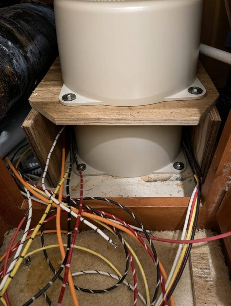 Marine-Puck Dual MP6 50A installation with two 6 kVA toroidal isolation transformers stacked on a plywood shelf, each flange bolted, color-coded leads routed below for 12 kVA dual 50-amp 120/240V shore power.