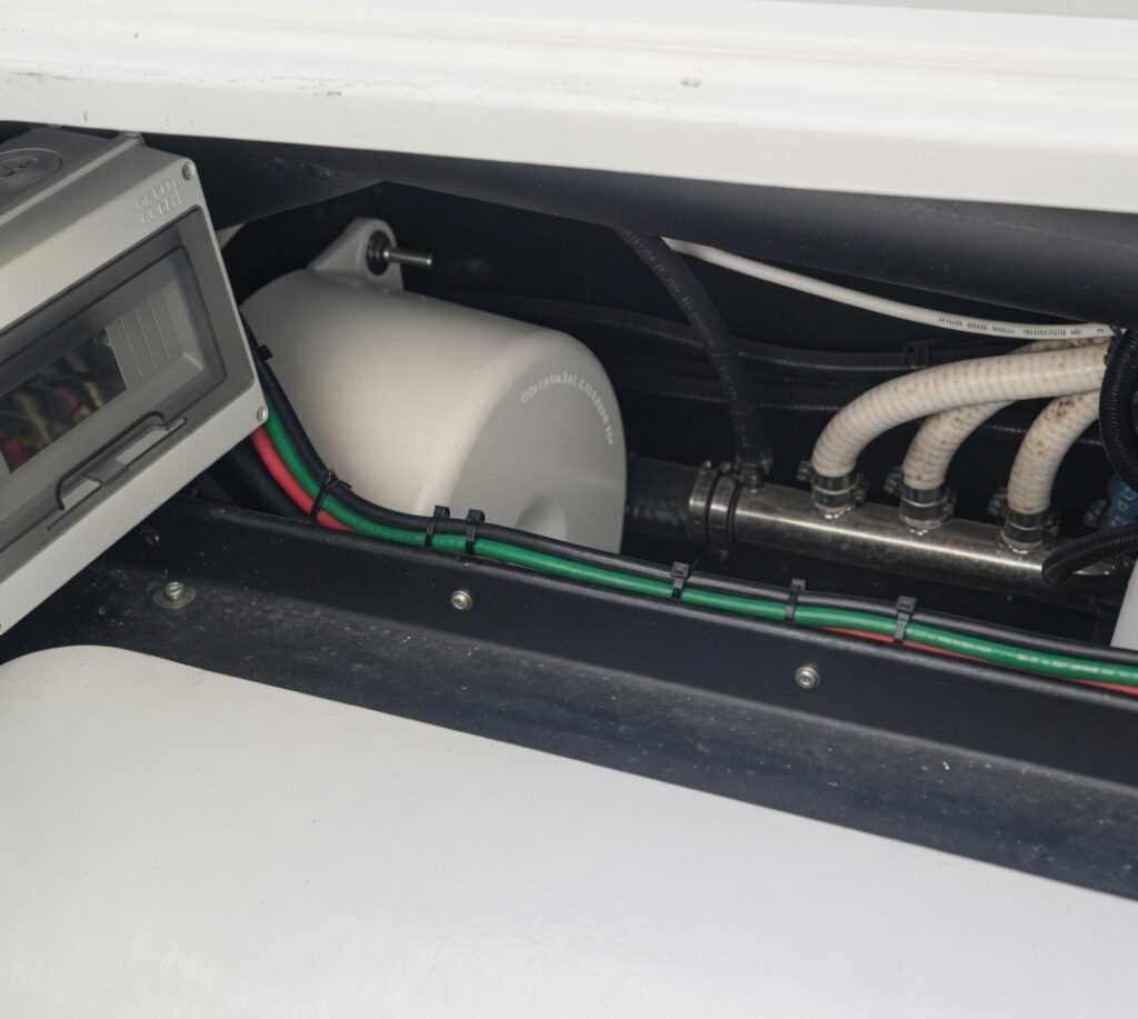Marine-Puck Dual MP6 isolation transformer mounted on boat bulkhead with color-coded leads exiting the non-metallic ABS enclosure
