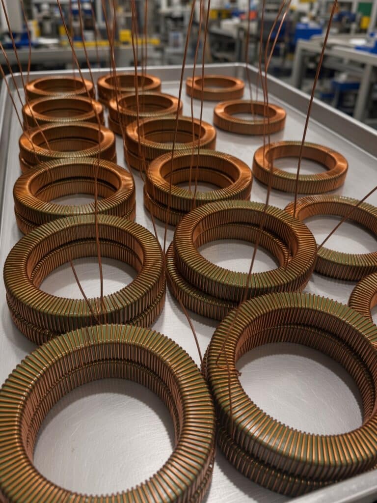 Custom current transformer production showing precision toroidal winding for utility and industrial metering CTs