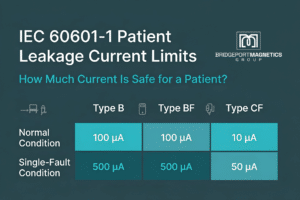 IEC 60601-1 patient leakage current limits table showing Normal Condition and Single-Fault Condition values for Type B, Type BF, and Type CF applied parts. IEC 60601 Leakage Current Requirements for Medical Isolation Transformers, IsoPuck medical isolation transformer installed in hospital equipment Bridgeport Magnetics IsoPuck toroidal medical isolation transformer Toroid IsoBox medical isolation transformer Amgis medical isolation transformer toroidal design Hammond medical isolation transformer hospital grade Hospital grade medical isolation transformer for patient safety IEC 60601 medical isolation transformer for medical equipment Toroidal medical isolation transformer for hospital and dental use Low leakage current medical isolation transformer IEC 60601 Medical isolation transformer for dental chair and medical devices Compact toroidal medical isolation transformer 600VA to 3000VA IsoPuck IP600 medical isolation transformer IsoPuck IP900 medical isolation transformer IsoPuck IP1500 medical isolation transformer Toroid Corporation IsoBox isolation transformer Amgis Toroid medical isolation transformer Hammond Power Solutions medical grade isolation transformer Hospital isolation transformer for medical electrical equipment Medical grade isolation transformer with electrostatic shielding Low leakage IEC 60601 compliant medical isolation transformer