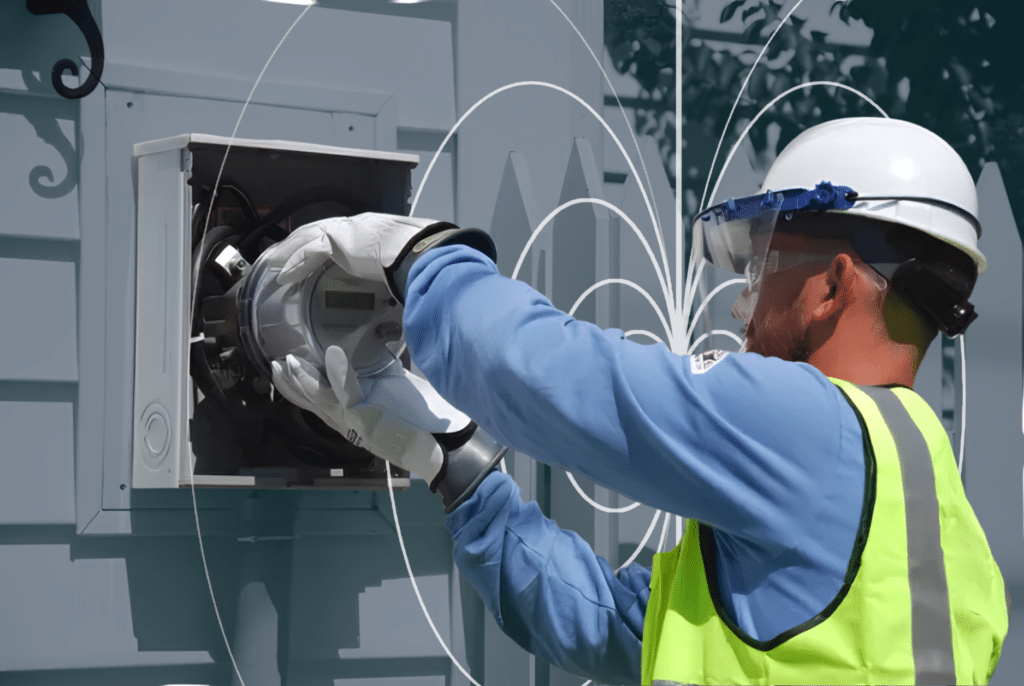 Utility lineman replacing meter with servisavor, add-a-phase, Temporary Power Restoration Autotransformer, Servisavor temporary power restoration device installed at residential electric meter SNC Restore-Lite temporary power restoration unit on wheeled cart Restore-Pak temporary power restoration device for utility outage response Phase saver temporary power restoration transformer at meter base Add-a-phase temporary power restoration device connected to residential meter Service saver transformer restoring power during underground cable fault Service saver temporary power restoration device installed on electric meter Portable temporary power restoration device for utility underground fault repair Von Servisavor temporary power restoration unit on job site SNC Restore-Lite lightweight temporary power restoration device Add-a-phase autotransformer used for utility service restoration Phase saver device connected to residential electric meter