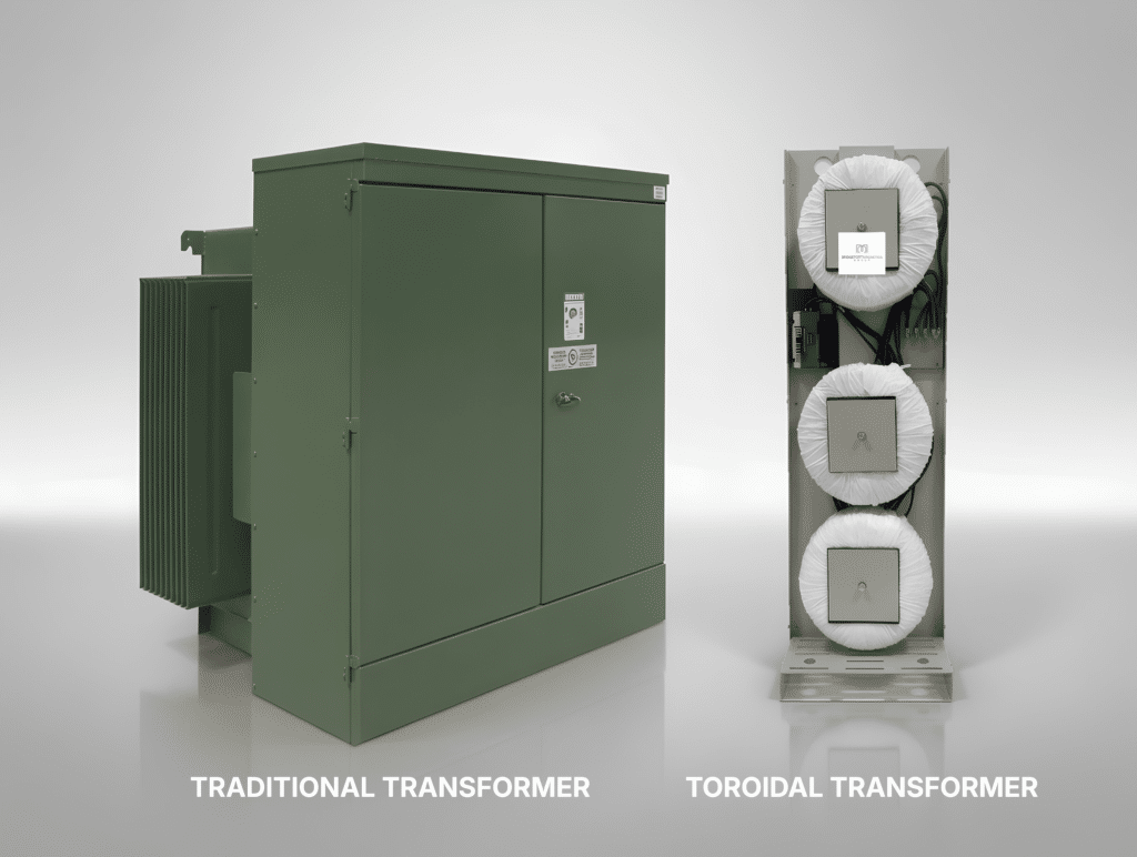 3-phase toroidal transformer next to a traditional EI transformer showing a significant size reduction for next-gen electrical systems