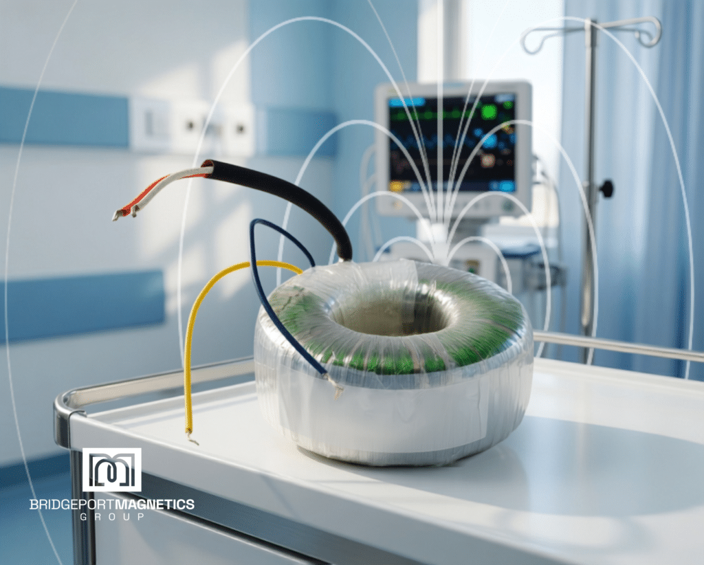 Custom toroidal transformer by Bridgeport Magnetics – high efficiency, low noise, and compact design for medical, industrial, datacenter, and audio applications