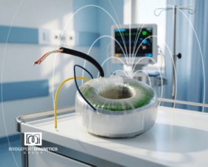 Custom toroidal transformer by Bridgeport Magnetics – high efficiency, low noise, and compact design for medical, industrial, datacenter, and audio applications