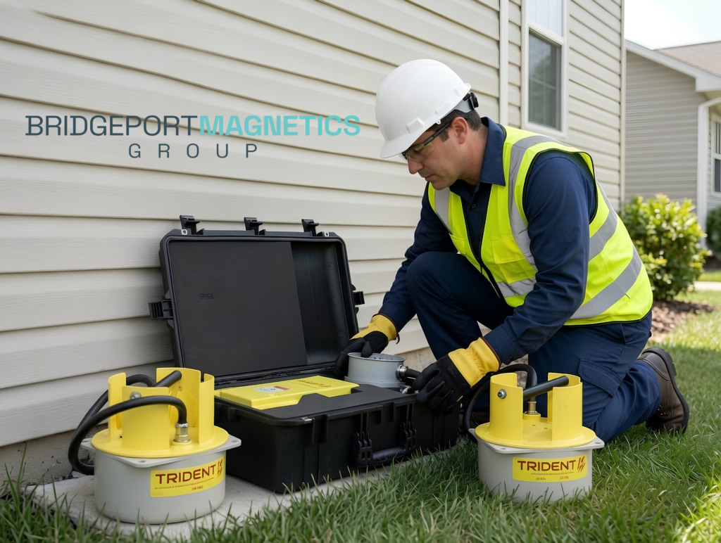 Lineman deploying Trident one man temporary power restoration unit at residential meter; One-Man Temporary Power Restoration Solution