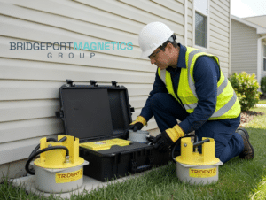 Lineman deploying Trident one man temporary power restoration unit at residential meter; One-Man Temporary Power Restoration Solution; faster temporary power restoration; Dry Pak deployment