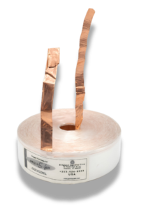 Bridgeport Magnetics Group air-core foil inductor — high-purity copper foil wound on a Lexan tube with upright foil leads, precision crossover inductor made in Shelton, CT