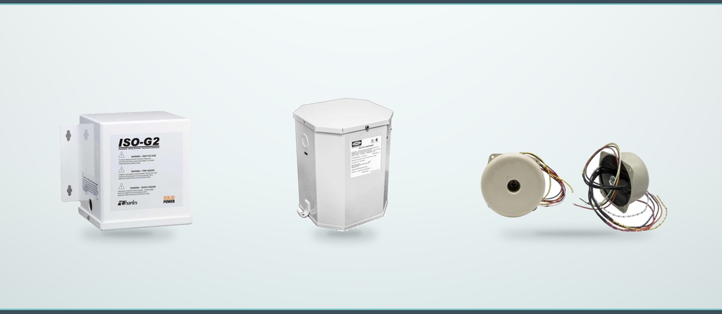 Side-by-side comparison of 50A marine isolation transformers: Charles ISO-G2, Hubbell enclosed isolator, and Bridgeport Magnetics MarinePuck toroidal transformer.