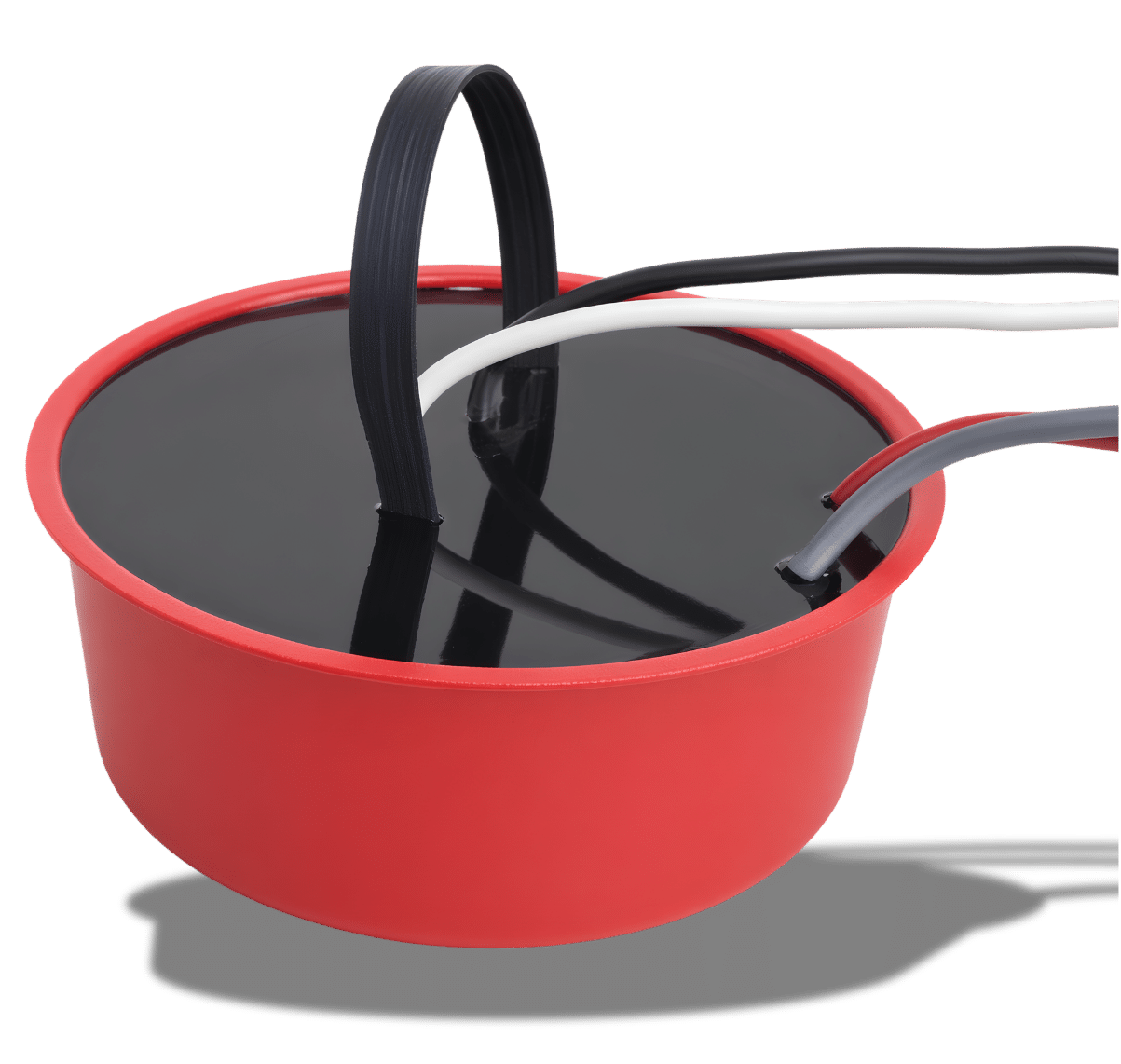 Waterproof red-housed streetlight isolation transformer with black potted top, carry strap, and lead wires. Streetlight isolation transformer
