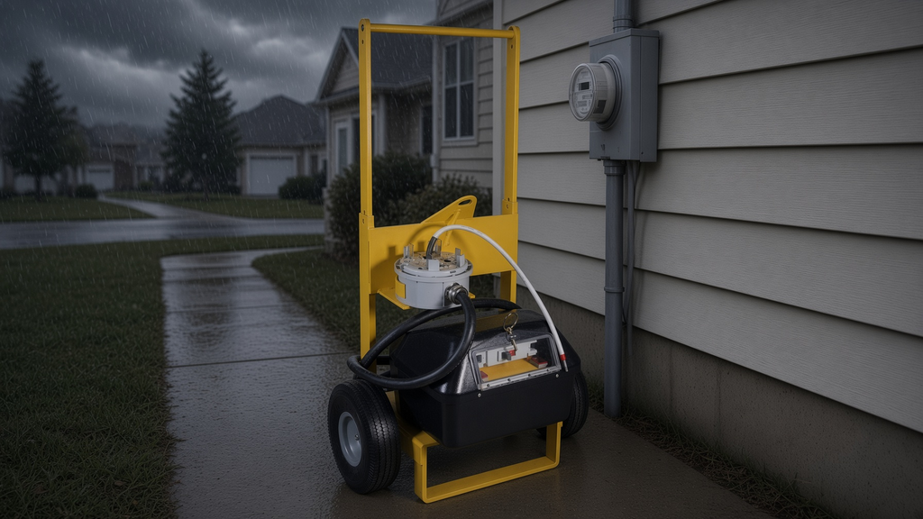 Bridgeport Magnetics PowerBack Lite add-a-leg portable autotransformer restoring a missing hot leg at a residential electric meter during a storm; lightweight 15kVA 150A wheeled service saver for utility crews, temporary 120/240V power restoration in bad weather.