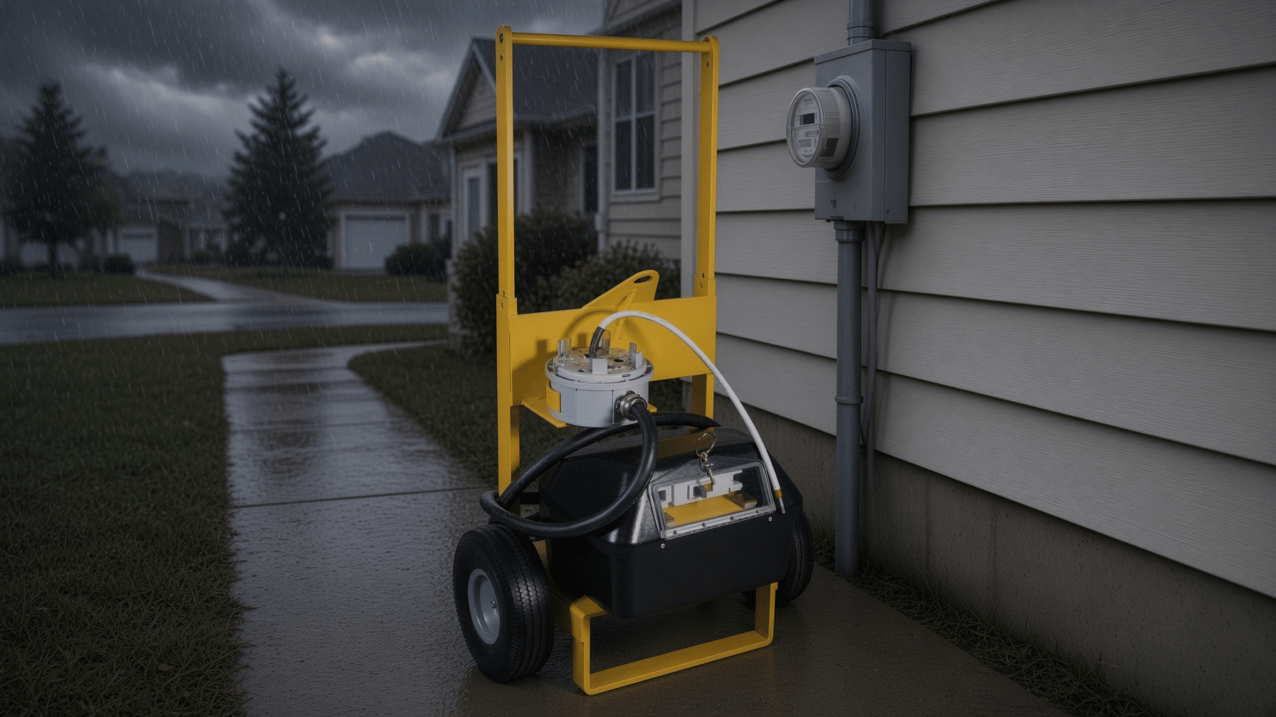 Bridgeport Magnetics PowerBack Lite add-a-leg portable autotransformer restoring a missing hot leg at a residential electric meter during a storm; lightweight 15kVA 150A wheeled service saver for utility crews, temporary 120/240V power restoration in bad weather.