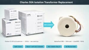 MarinePuck MP6 isolation transformer as a replacement for Charles C-POWER IsoTransformer marine isolation transformers, including the 12 kVA 50A unit