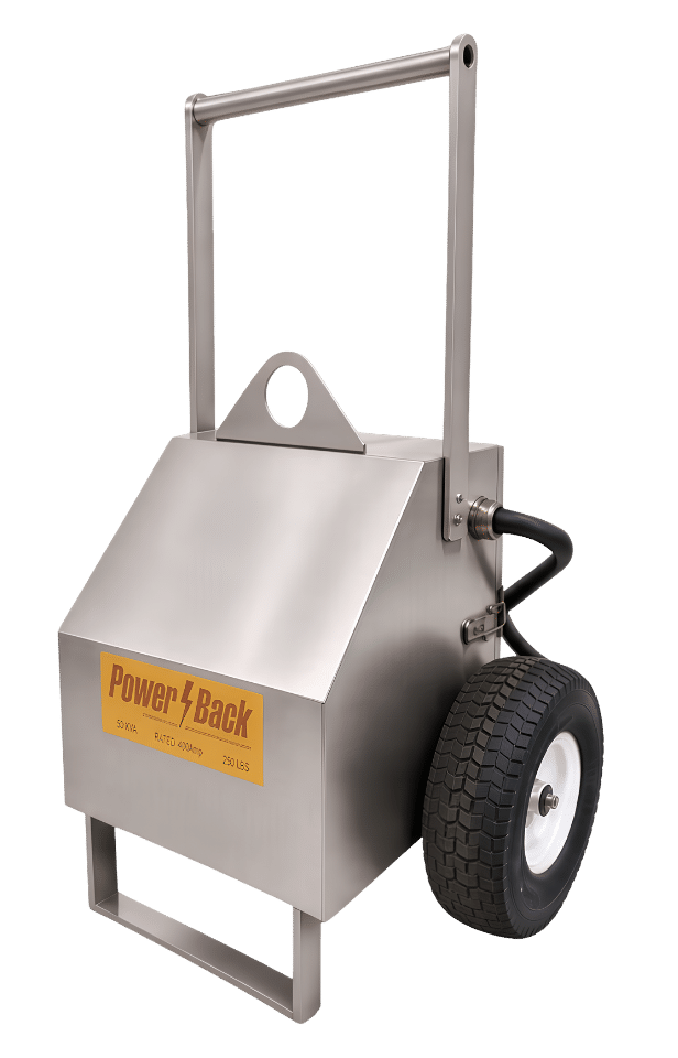 Bridgeport Magnetics PowerBack 50 kVA multi-home temporary power restoration unit, a wheeled NEMA 4 toroidal autotransformer that restores a missing 120V hot leg or neutral on 400A services.