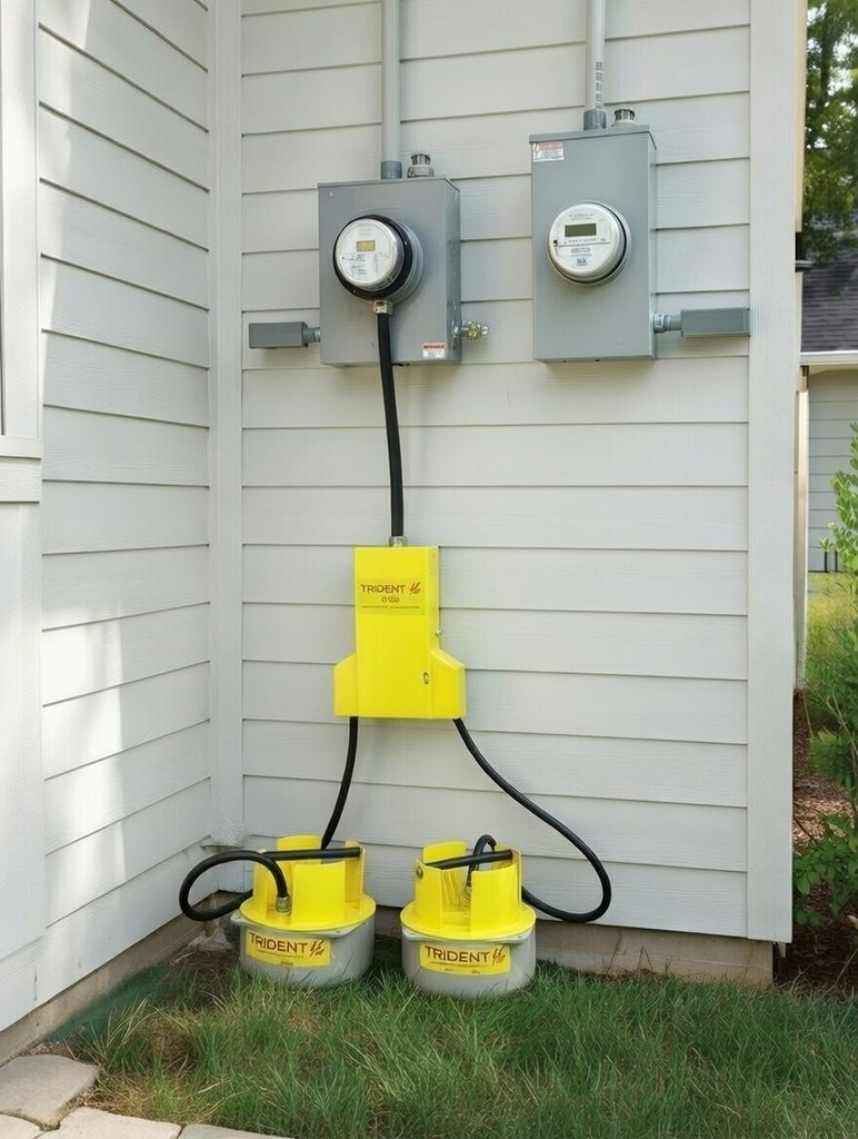 Trident 20kVA temporary power restoration unit installed at a residential meter restoring 120/240V service after a missing hot leg