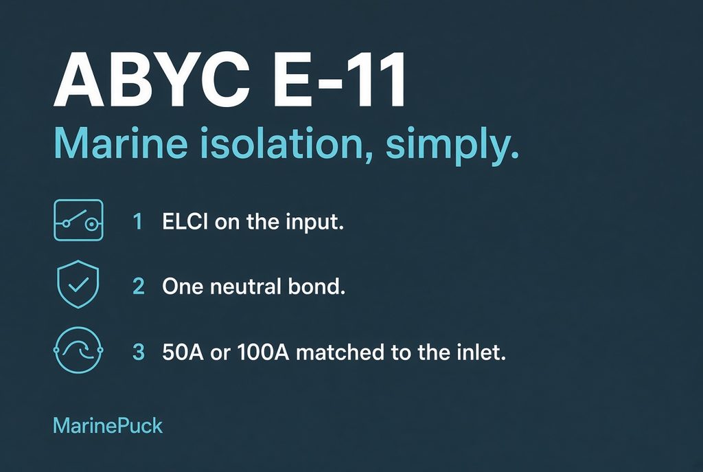 ABYC E-11 marine isolation graphic: ELCI on the input, one neutral bond, 50A or 100A matched to the inlet.