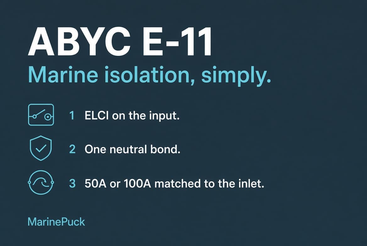 ABYC E-11 marine isolation graphic: ELCI on the input, one neutral bond, 50A or 100A matched to the inlet.