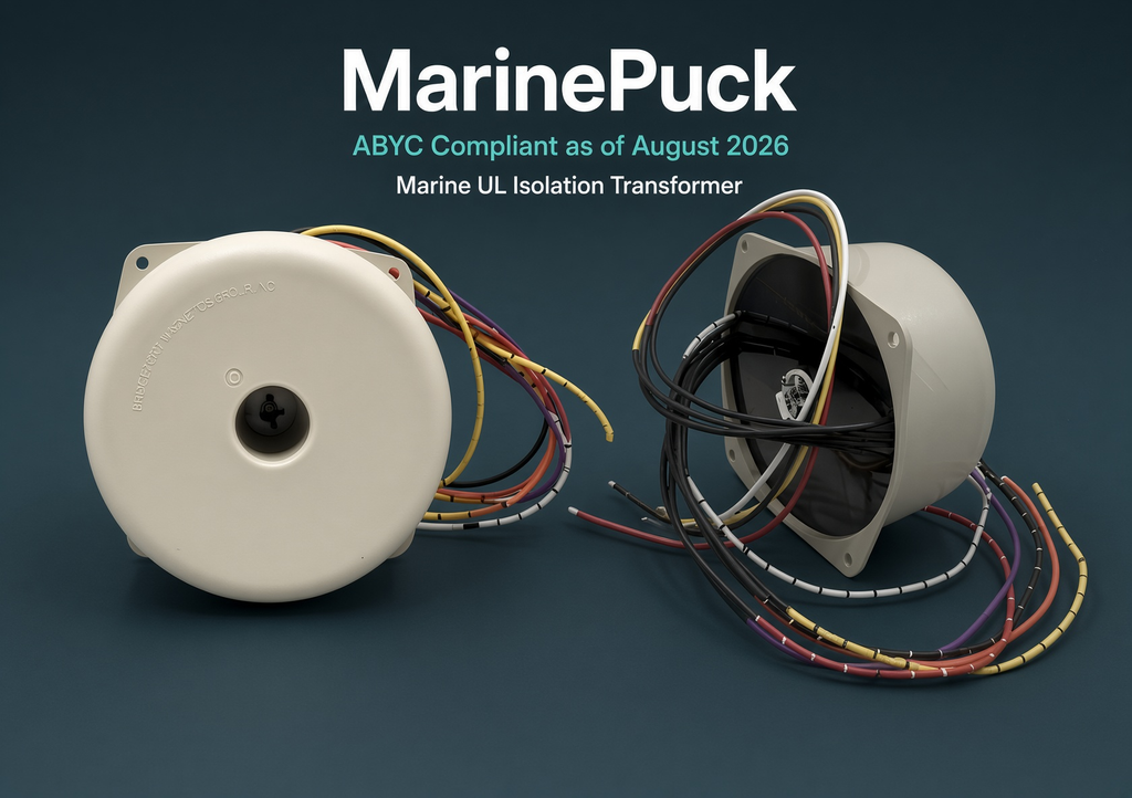MarinePuck ABYC E-11 marine isolation transformer, UL Listed Marine, ABYC compliant as of August 2026.